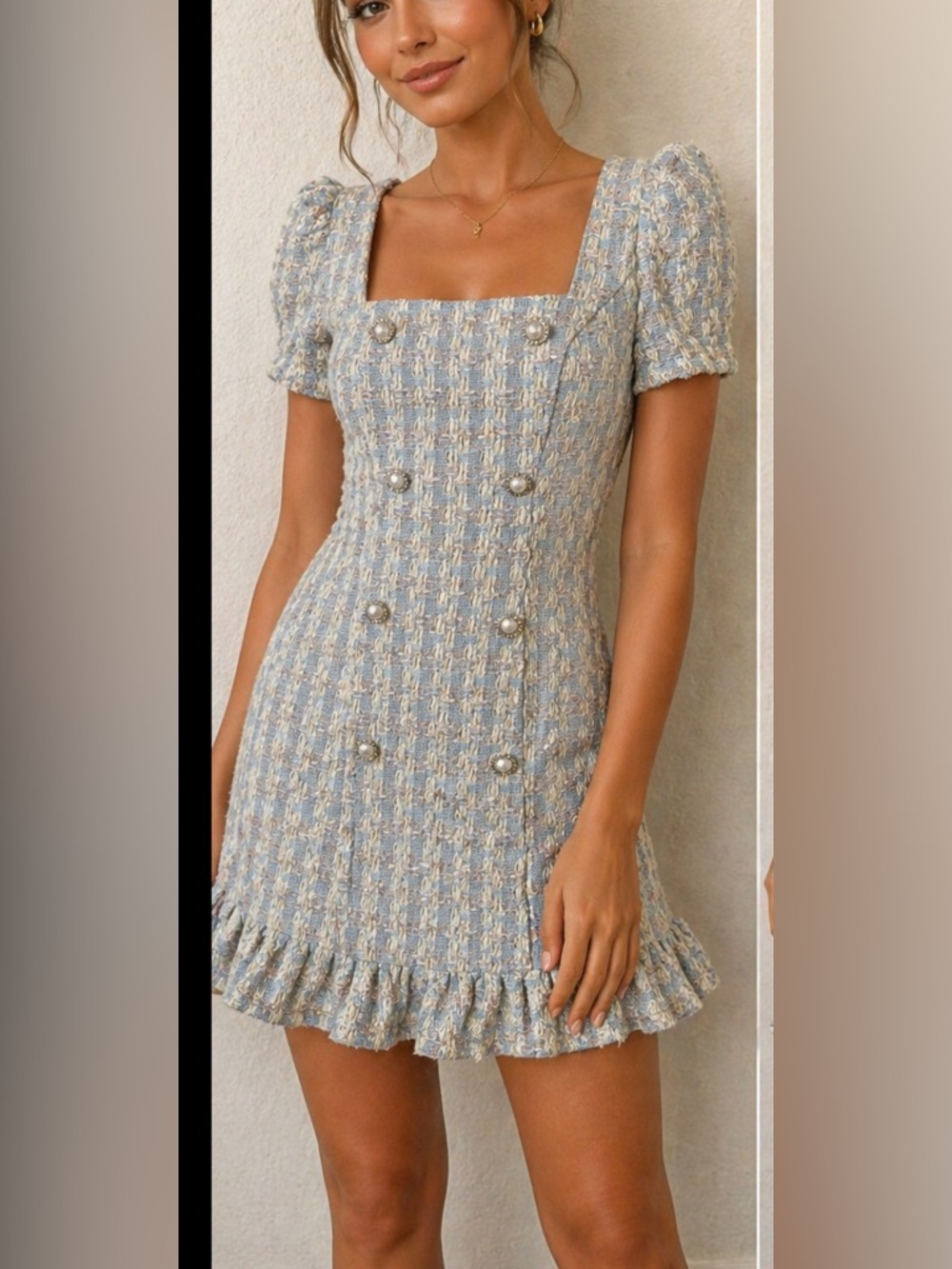 Mable Tweed Mini Dress Blue Pearl Button Puff Sleeve Lined NWT Womens Small